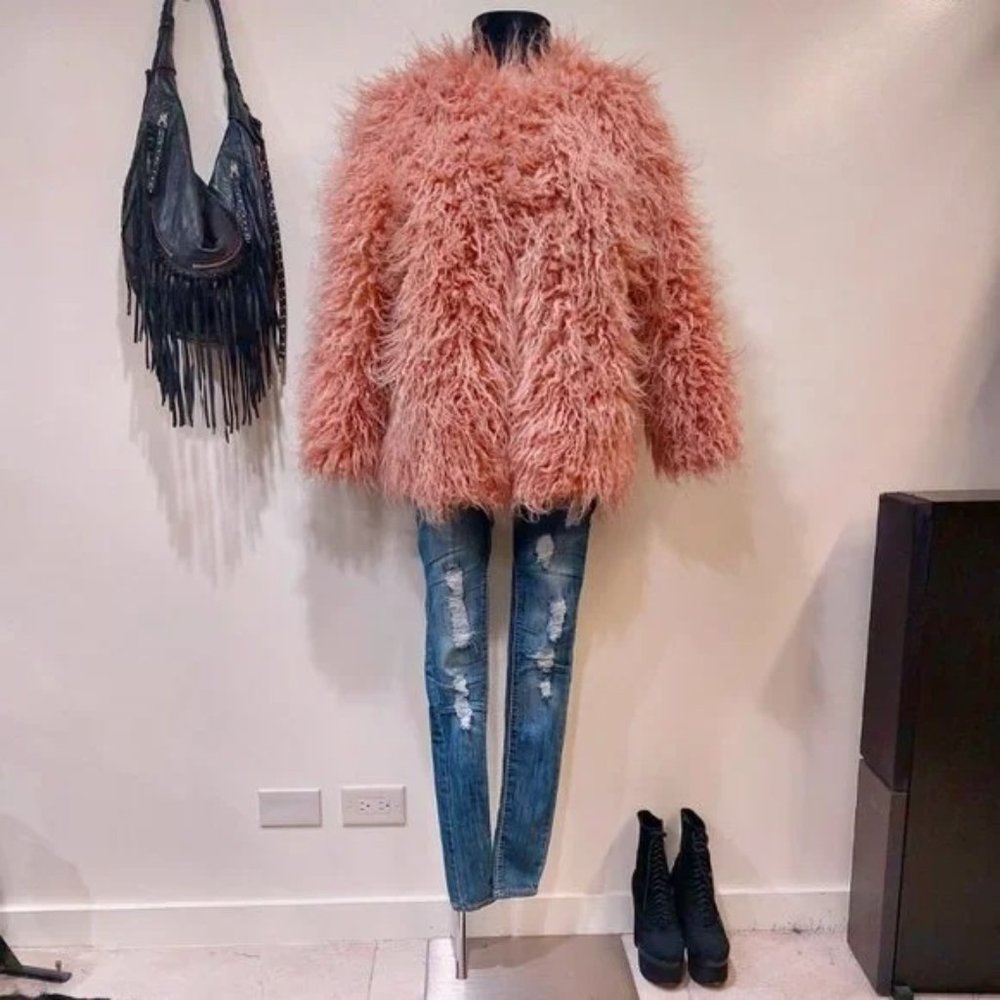 💋BOHO CHIC💋VTG 70s Style Blush Pink Faux Mongolian Curly Lamb Fur Jacket - Picture 13 of 13